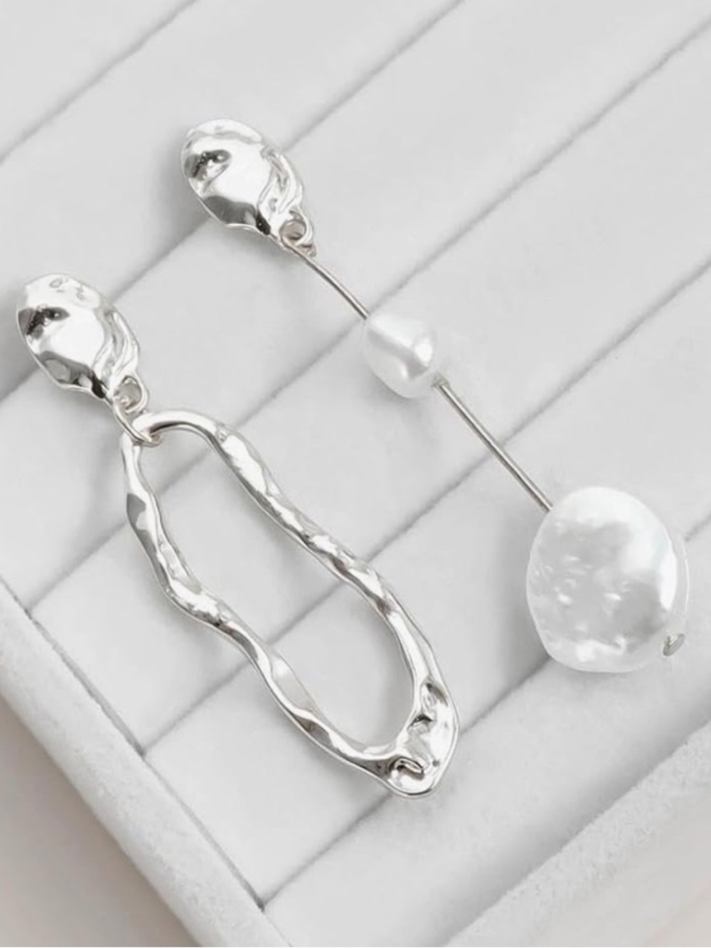 Silver Asymmetrical Pearl Drop Earrings